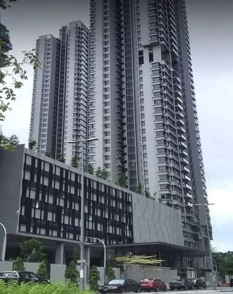 Exterior type: high-rise condominium; features: glass curtain wall, grey painted facade, recessed balconies, multiple storeys, landscaped terrace, modern architectural design, parking area, surrounded by greenery; style: modern.