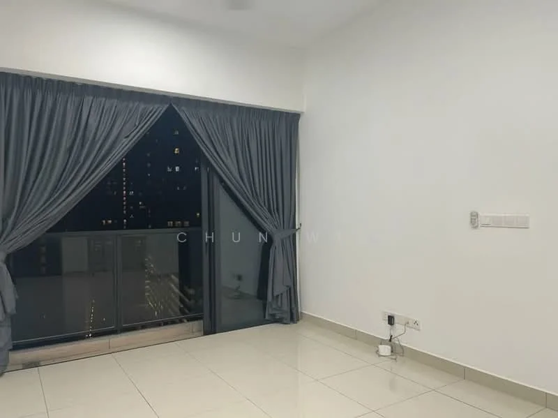 Room features: white painted walls, glossy tile flooring, floor-to-ceiling windows, grey curtains, balcony access, city view, light switch, outlet; style: modern; view: city.