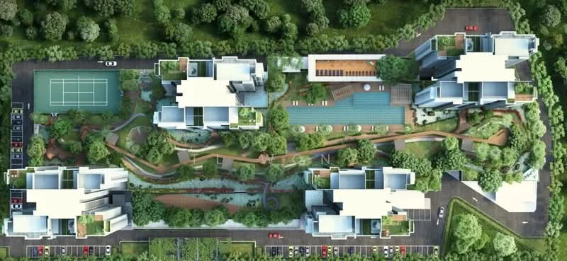 Exterior type: mid-rise condominium; features: landscape garden, swimming pool, tennis court, walking paths, manicured lawns, outdoor seating areas, parking lot, mature trees, water features, children's playground; style: modern.
