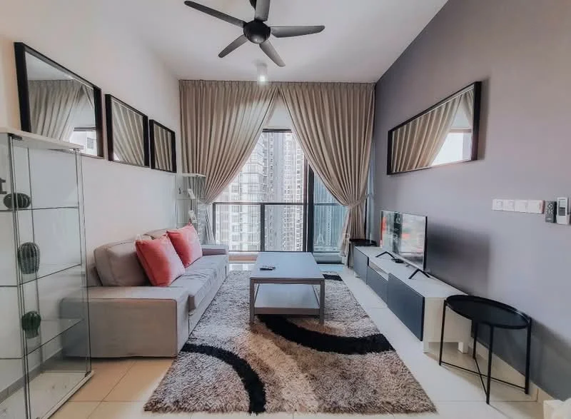 Living features: 3-seater fabric sofa in grey, 2 red accent pillows, coffee table, TV console, wall-mounted TV, area rug with geometric pattern, floor-to-ceiling windows, sheer curtains, ceiling fan with light, decorative mirror, black side table, glass display cabinet; style: modern; view: city.