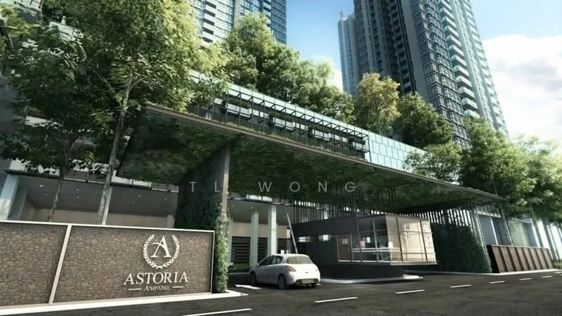 Exterior type: high-rise condominium; features: glass curtain wall, greenery on facade, stone cladding, double-volume main lobby, manicured landscaping, car parking area, security guard house at entrance; style: modern.