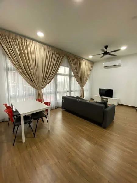 Living features: grey fabric sofa, 3-seater sofa, white rectangular coffee table, 4 black dining chairs, floor-to-ceiling windows, sheer curtains, dropped ceiling, recessed downlights, ceiling fan, wall-mounted TV, light wood flooring, air conditioning unit; style: modern.