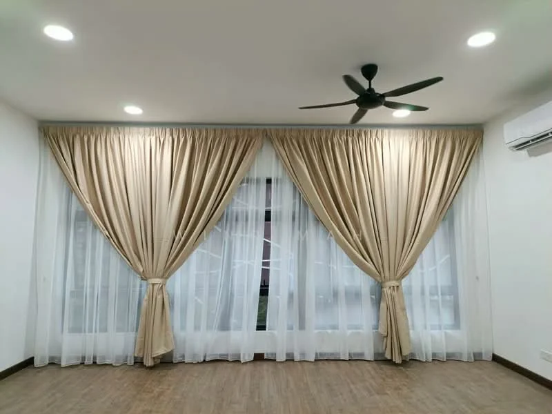 Room features: light wood flooring, white painted walls, ceiling fan, recessed LED downlights, floor-to-ceiling windows, sheer curtains, heavy drapes in beige, air conditioning unit; style: modern; view: garden.