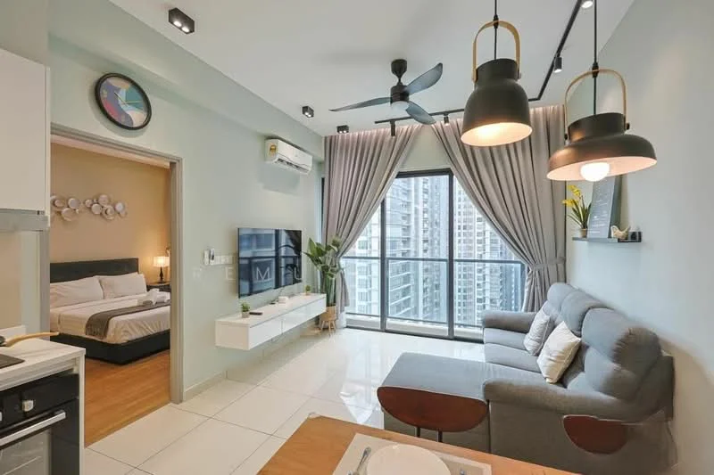 Living features: grey fabric sofa, coffee table, wall-mounted TV, white TV console, floor-to-ceiling windows, curtains, 5-blade ceiling fan with light, wooden flooring, decorative wall art, indoor plant; style: modern; view: city. Room features: bed with white bedding, nightstand, wall art, air conditioning unit.