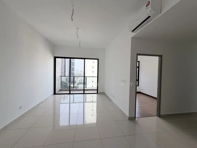 Living features: white painted walls, glossy ceramic tile flooring, floor-to-ceiling windows, sliding glass door, 1 wall-mounted split AC, recessed downlights, open layout, city view; style: modern; view: city.