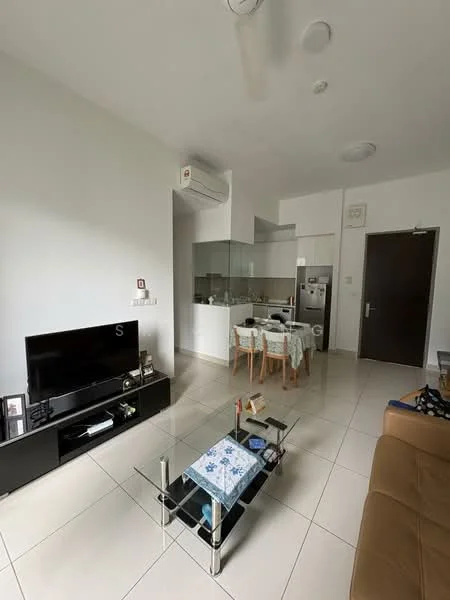 Living features: cream painted walls, white ceiling, tile flooring, 3-seater brown leather sofa, glass coffee table, wall-mounted TV, TV console in black, 1 wall-mounted split AC, ceiling fan, dining table with 4 chairs, kitchen area visible in background; style: modern.