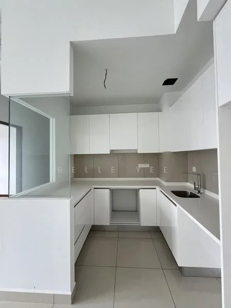 Kitchen features: white cabinetry, flat-panel cabinets, grey tiled backsplash, single-bowl stainless-steel sink, chrome pull-down faucet, countertop with no visible material, open shelving, tile flooring, recessed downlights, glass partition, no visible appliances; style: modern.