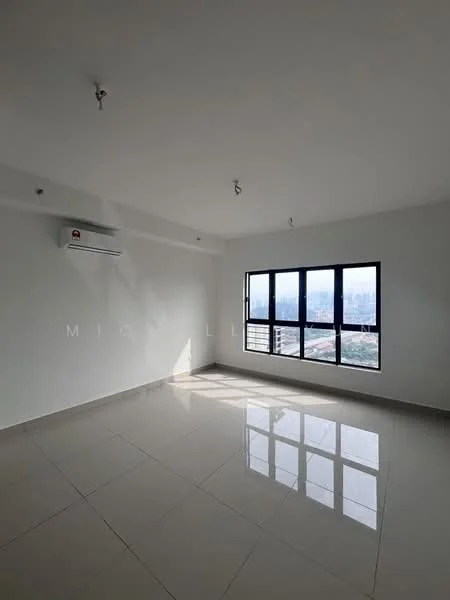 Room features: white painted walls, polished ceramic tile flooring, floor-to-ceiling windows, 1 wall-mounted split AC, recessed downlights; style: modern; view: city.