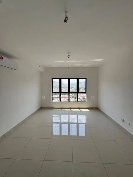 Living features: white painted walls, glossy ceramic tile flooring, floor-to-ceiling windows, recessed downlights, 1 wall-mounted split AC, city view; style: modern; view: city.