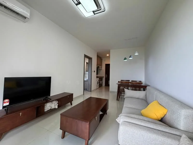 Living features: 3-seater fabric sofa in light grey, yellow accent pillow, wooden coffee table, TV console with storage, wall-mounted TV, recessed ceiling lights, wall-mounted split AC, dining table with 6 chairs, open layout to kitchen, white painted walls, glossy tile flooring; style: modern.