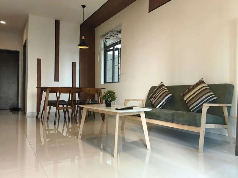 Living features: green fabric sofa, wooden coffee table, 4-seater dining table, striped throw pillows, pendant light fixture, floor-to-ceiling window, white painted walls, glossy tile flooring, decorative plant on table; style: modern.
