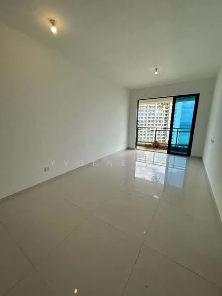 Living features: white painted walls, glossy ceramic tile flooring, recessed downlights, floor-to-ceiling windows, sliding glass door, view of city skyline, balcony access; style: modern; view: city.