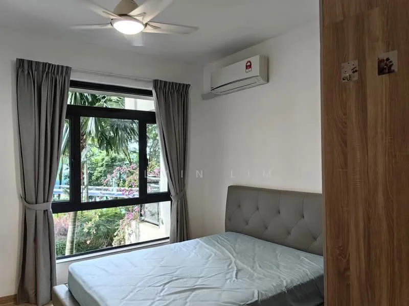 Bedroom features: queen-size bed, upholstered headboard, floor-to-ceiling window, grey curtains, wall-mounted split AC, light ceiling fan, wooden flooring, decorative wall with photo, greenery view outside window; style: modern; view: garden.