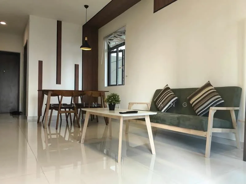 Living features: green fabric sofa, wooden coffee table, 2 decorative cushions, pendant light fixture, white painted walls, glossy tile flooring, large window with natural light, wooden dining table with 4 chairs, wooden accent wall; style: modern.