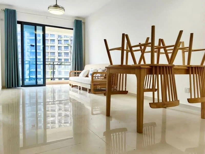 Living features: white walls, glossy marble flooring, floor-to-ceiling sliding glass door, curtains in light blue, sofa, wooden dining table, wooden chairs stacked on the table, ceiling light fixture; style: modern; view: city.
