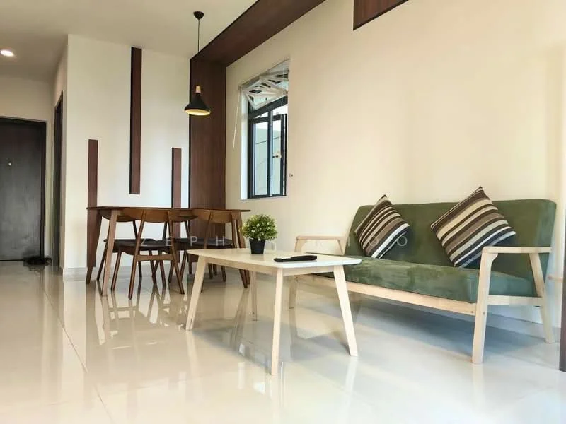 Living features: green fabric sofa, 2 decorative cushions with stripes, wooden coffee table, wooden dining table for 4, 4 wooden dining chairs, pendant light fixture, white painted walls, glossy tile flooring, floor-to-ceiling window, small potted plant on table; style: modern.