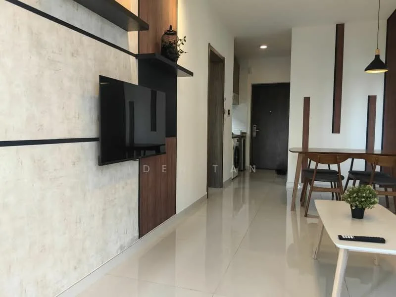 Living features: white painted walls, light wood accent wall, flat-panel TV mounted on wall, polished ceramic tile flooring, dining table with wooden chairs, pendant light fixture, open layout to kitchen, decorative plant on coffee table; style: modern. Room features: doorway leading to kitchen, doorway leading to entrance.