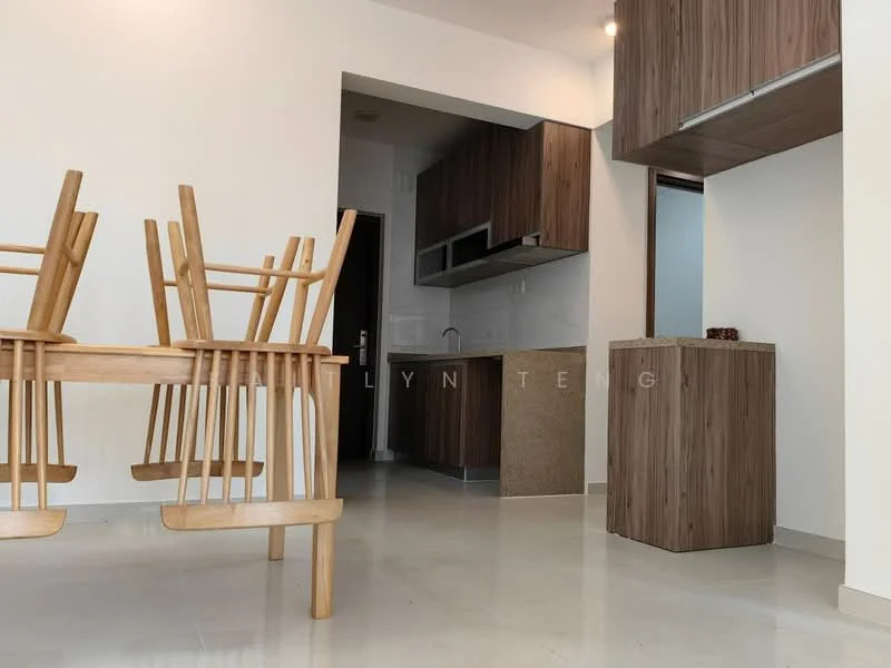 Dining features: wooden dining table with chairs, cream tiled flooring, white painted walls, kitchenette with brown cabinetry, granite countertop, built-in cabinets, open layout, recessed lighting; style: modern. Kitchen features: brown cabinetry, granite countertop, built-in appliances, open shelving; style: modern.
