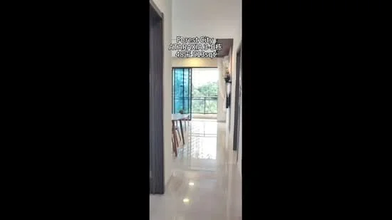 Hallway features: glossy marble tile flooring, white painted walls, recessed downlights, floor-to-ceiling windows, wooden door frames, open space leading to balcony, decorative wall art, natural light from windows; style: modern; view: garden.