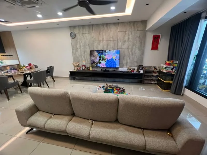 Living features: 3-seater fabric sofa in beige, wall-mounted TV, TV console, grey accent wall, recessed downlights, ceiling fan, large windows with sheer curtains, tile flooring, decorative wall clock, open shelving with decorative items, area rug; style: modern; view: city. Dining features: 4-seater dining table, upholstered dining chairs, decorative centerpiece, wall-mounted shelving with decor; style: modern.