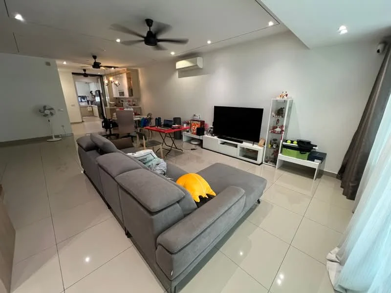 Living features: grey fabric sectional sofa, coffee table, wall-mounted TV, TV console, recessed downlights, 5-blade ceiling fan, large windows with sheer curtains, polished ceramic tile flooring, decorative items on shelves, open layout to dining area, air conditioning unit on wall; style: modern.