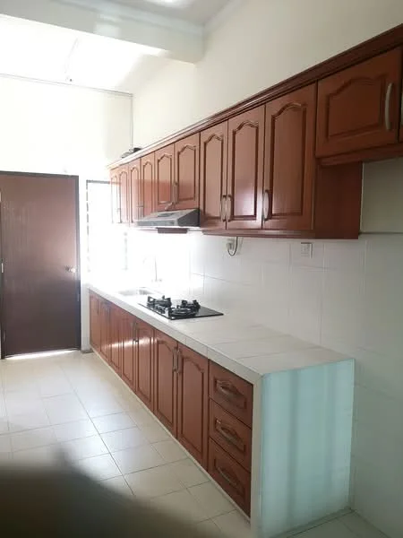 Kitchen features: brown wooden cabinetry, white tiled backsplash, white countertop, built-in gas hob, exhaust hood, single-bowl stainless-steel sink, white tiled flooring, window for natural light, door leading outside; style: modern.