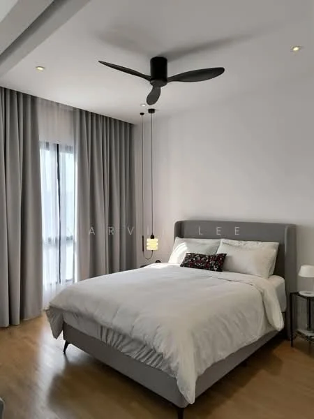 Bedroom features: king-size bed with grey upholstered headboard, white bedding, 2 bedside tables, pendant light fixture, 5-blade ceiling fan, floor-to-ceiling windows with sheer curtains, wooden flooring, decorative cushion on bed; style: modern.