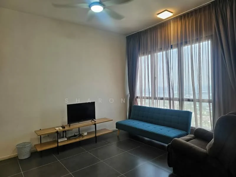 Living features: grey tiled flooring, white painted walls, 5-blade ceiling fan with light, large floor-to-ceiling windows, sheer curtains, blue fabric sofa, wooden TV console, wall-mounted TV, recliner chair; style: modern; view: city.