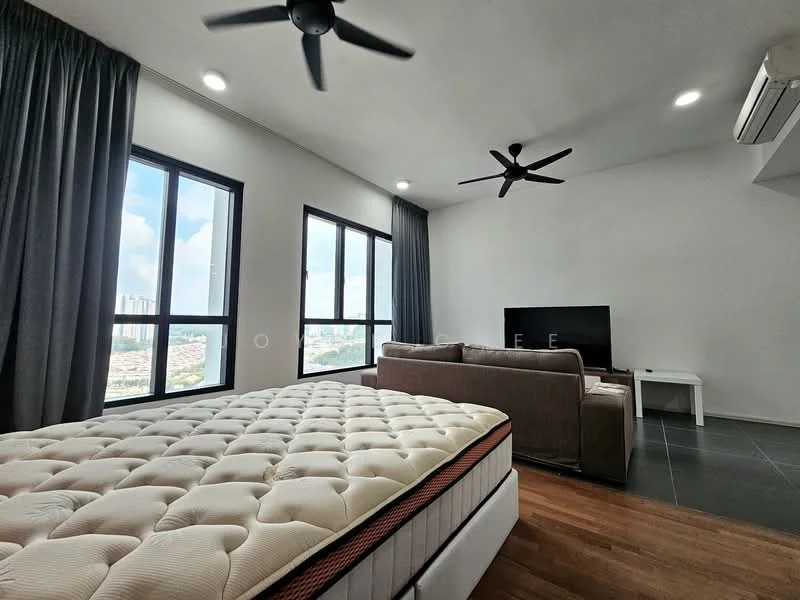 Room features: queen-size bed with mattress, 2 ceiling fans, floor-to-ceiling windows, grey curtains, wall-mounted TV, sofa, coffee table, wooden flooring, white painted walls, recessed LED downlights, air conditioning unit; style: modern; view: city.