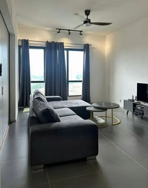 Living features: 3-seater fabric sofa in grey, round coffee table with gold base, floor-to-ceiling windows, blackout curtains, TV console, wall-mounted TV, recessed downlights, ceiling fan, grey tiled flooring, decorative wall art; style: modern; view: city.