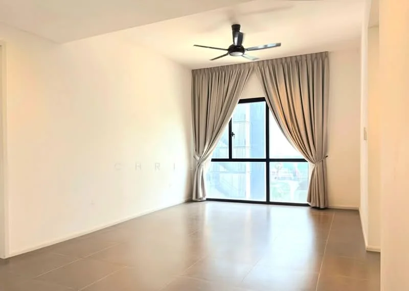 Room features: floor-to-ceiling windows, grey tiled flooring, white painted walls, curtains, ceiling fan, natural light, open layout, city view; style: modern; view: city.