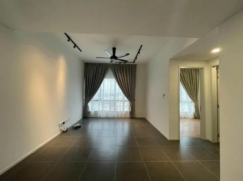 Living features: white painted walls, grey floor tiles, 5-blade ceiling fan with light, floor-to-ceiling windows, sheer curtains, dark grey curtains, track lighting, open layout; style: modern; view: city.