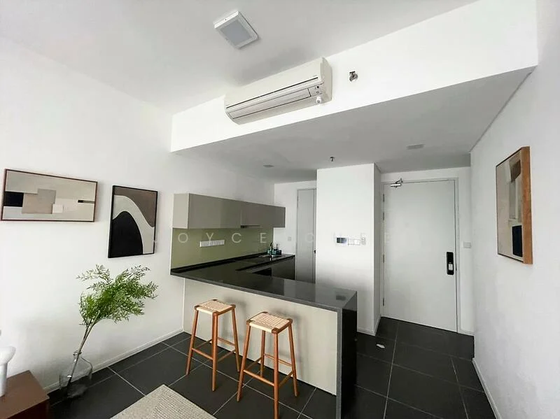 Kitchen features: black granite countertop, grey flat-panel cabinets, stainless-steel sink, chrome pull-down faucet, built-in oven, stainless-steel range hood, 4-burner gas hob, bar stools, wall-mounted split AC, tile flooring in black, white painted walls, recessed downlights; style: modern.