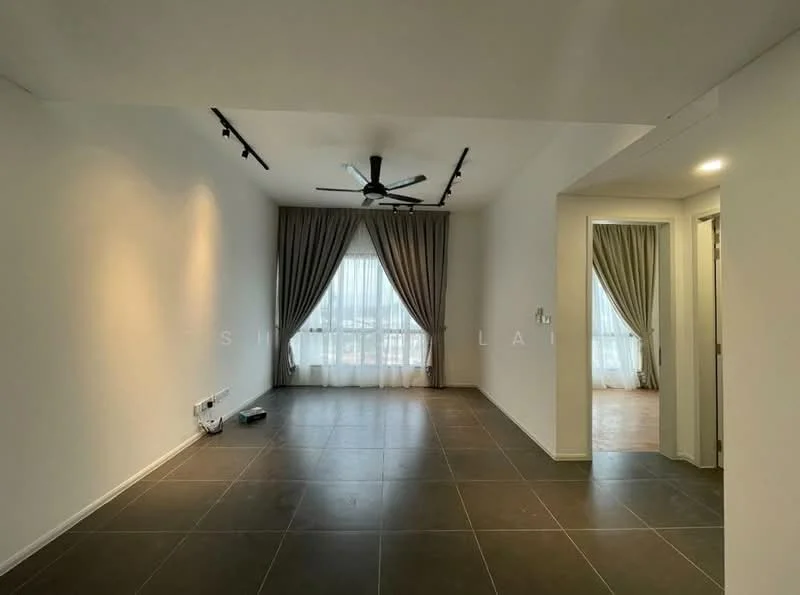 Living features: grey tiled flooring, white painted walls, 5-blade ceiling fan with light, floor-to-ceiling windows, sheer curtains, recessed lighting, track lighting, open layout; style: modern; view: city. Room features: doorway leading to another room, neutral wall color.
