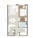 Floor plan: 1-bedroom 1-bathroom unit; features: open-plan kitchen-dining-living, master bedroom with ensuite bathroom, balcony off living room, utility room, laundry area, central foyer.