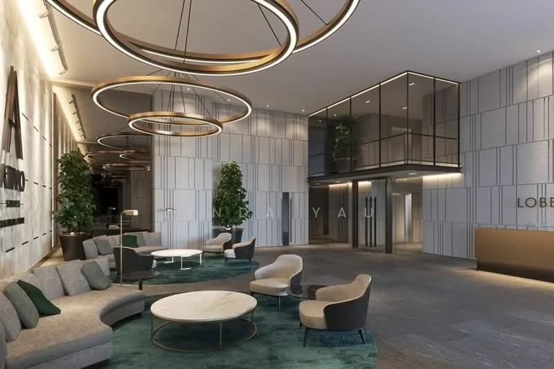 Lobby features: modern circular pendant lights, grey upholstered sofas, beige armchairs, round marble coffee table, green area rug, decorative potted plants, textured wall panels, reception desk, glass elevator, tile flooring; style: modern.