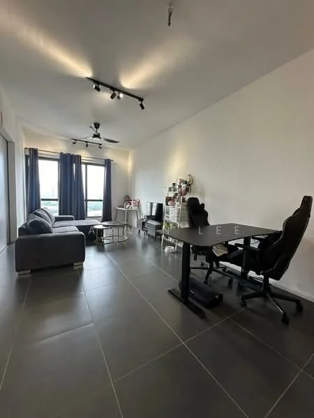 Living features: grey fabric sofa, black office chair, black desk, floor-to-ceiling windows, curtains in dark blue, recessed LED downlights, ceiling fan, tile flooring in dark grey, open shelving unit, decorative items on shelves; style: modern; view: city.