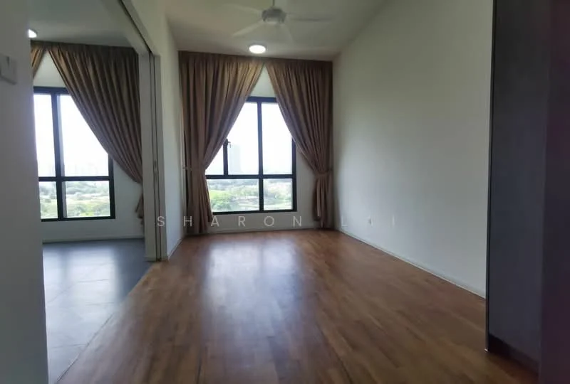 Living features: wooden flooring, white painted walls, 5-blade ceiling fan with light, floor-to-ceiling windows, sheer curtains, dark accent wall, natural light, city view; style: modern; view: city.
