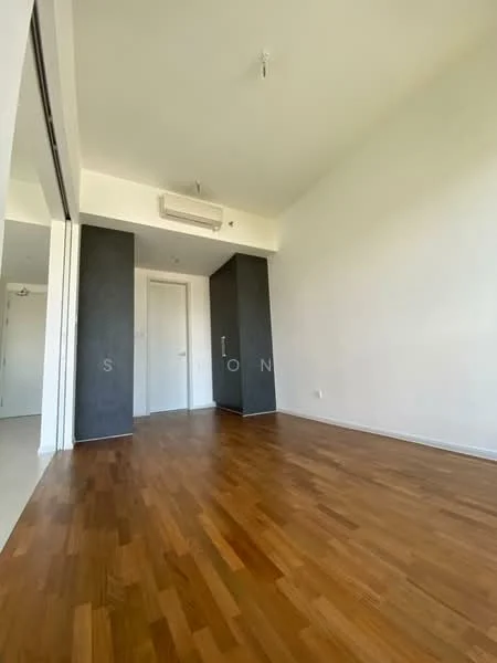 Room features: wooden flooring, white painted walls, exposed concrete accent wall, wall-mounted split AC, recessed ceiling lights, doorway leading to another room; style: modern.