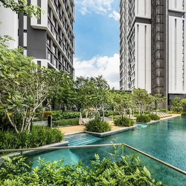 Exterior type: high-rise condominium; features: glass curtain wall, concrete facade, recessed balconies, infinity pool, pool deck with loungers, landscaped garden with tropical plants, manicured lawn, walking path, surrounded by greenery; style: modern.