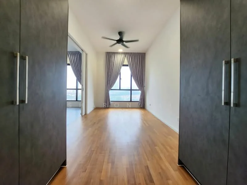 Room features: wooden flooring, 5-blade ceiling fan, floor-to-ceiling windows, grey cabinetry, curtains, city view; style: modern; view: city.
