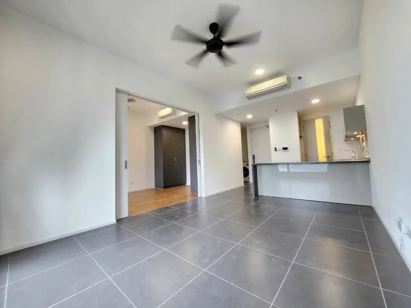 Living features: grey tile flooring, white painted walls, 5-blade ceiling fan, recessed downlights, open layout to kitchen, sliding door to another room, air conditioning unit, kitchen island with countertop; style: modern.