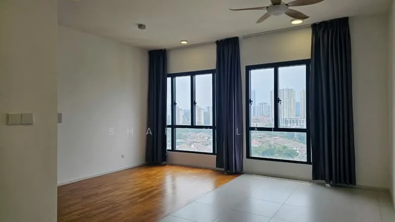 Living features: wooden flooring, white painted walls, floor-to-ceiling windows, blackout curtains, 5-blade ceiling fan, city skyline view; style: modern; view: city.