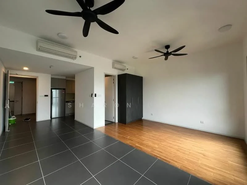 Living features: wood flooring, black tile flooring, 2 ceiling fans, recessed downlights, air conditioning unit, open layout, neutral wall color, doorway to kitchen, doorway to hallway; style: modern.
