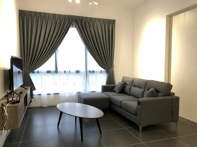 Living features: grey fabric sectional sofa, round black coffee table, wall-mounted TV, wooden TV console, floor-to-ceiling windows, sheer curtains, blackout curtains, recessed downlights, dark tiled flooring, white painted walls; style: modern.