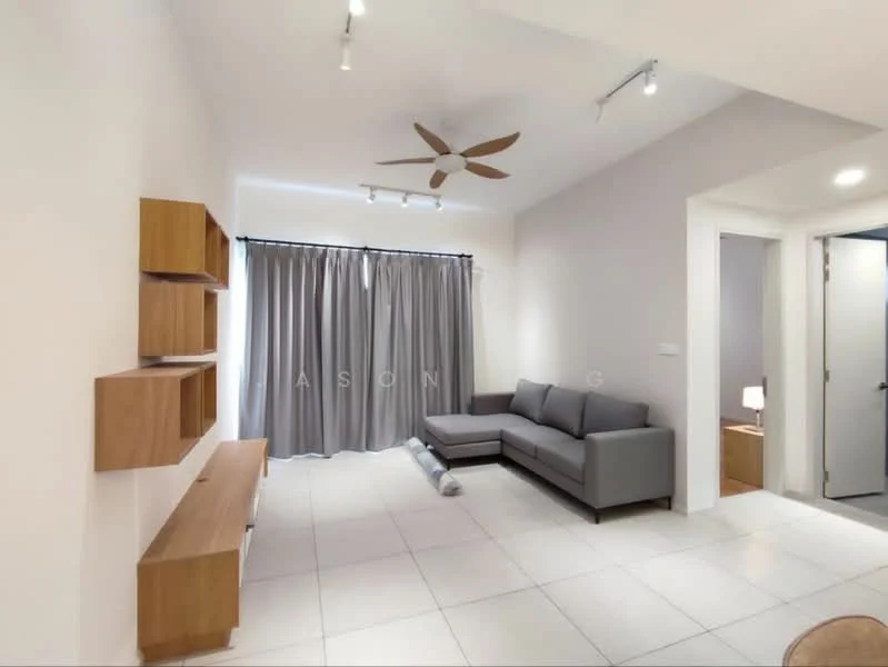 Living features: grey fabric L-shape sectional sofa, wooden TV console, floor-to-ceiling curtains, recessed LED downlights, 5-blade ceiling fan with light, white painted walls, tile flooring, decorative wall shelf; style: modern.