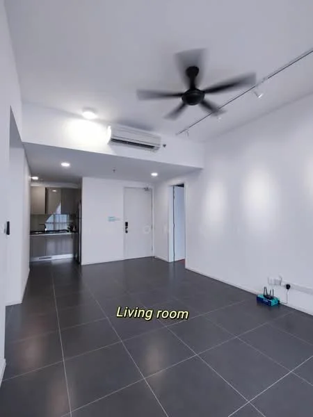 Living features: grey tile flooring, white painted walls, 5-blade ceiling fan, wall-mounted split AC, recessed downlights, door to hallway, open layout to kitchen, no visible furniture; style: modern.