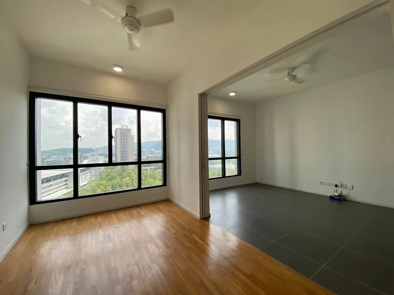 Living features: large floor-to-ceiling windows, wooden flooring, 5-blade ceiling fan, open layout, city view, neutral wall color, natural light, spacious area; style: modern; view: city. Room features: grey tile flooring, 5-blade ceiling fan, neutral wall color, natural light, open layout.