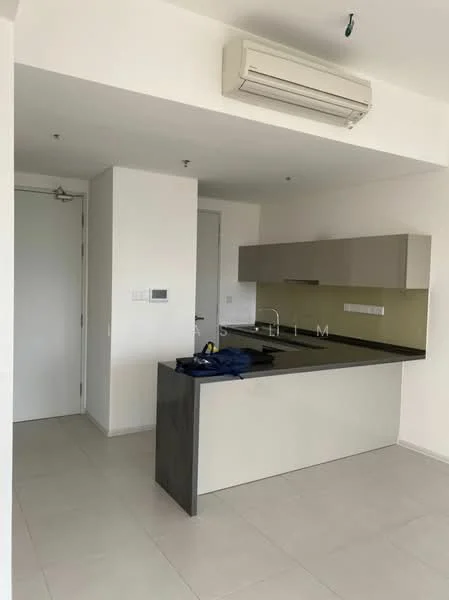 Kitchen features: grey cabinetry, black countertop, stainless-steel sink, chrome pull-down faucet, built-in oven, ceramic tile flooring, wall-mounted split AC, white painted walls, recessed downlights; style: modern. Room features: white painted walls, ceramic tile flooring, door to hallway.