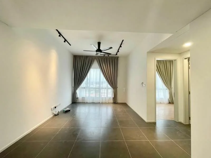 Living features: white painted walls, grey floor tiles, 5-blade ceiling fan with light, floor-to-ceiling windows, sheer curtains, track lighting, recessed lighting, open layout; style: modern; view: city. Room features: white painted walls, doorway leading to another room.